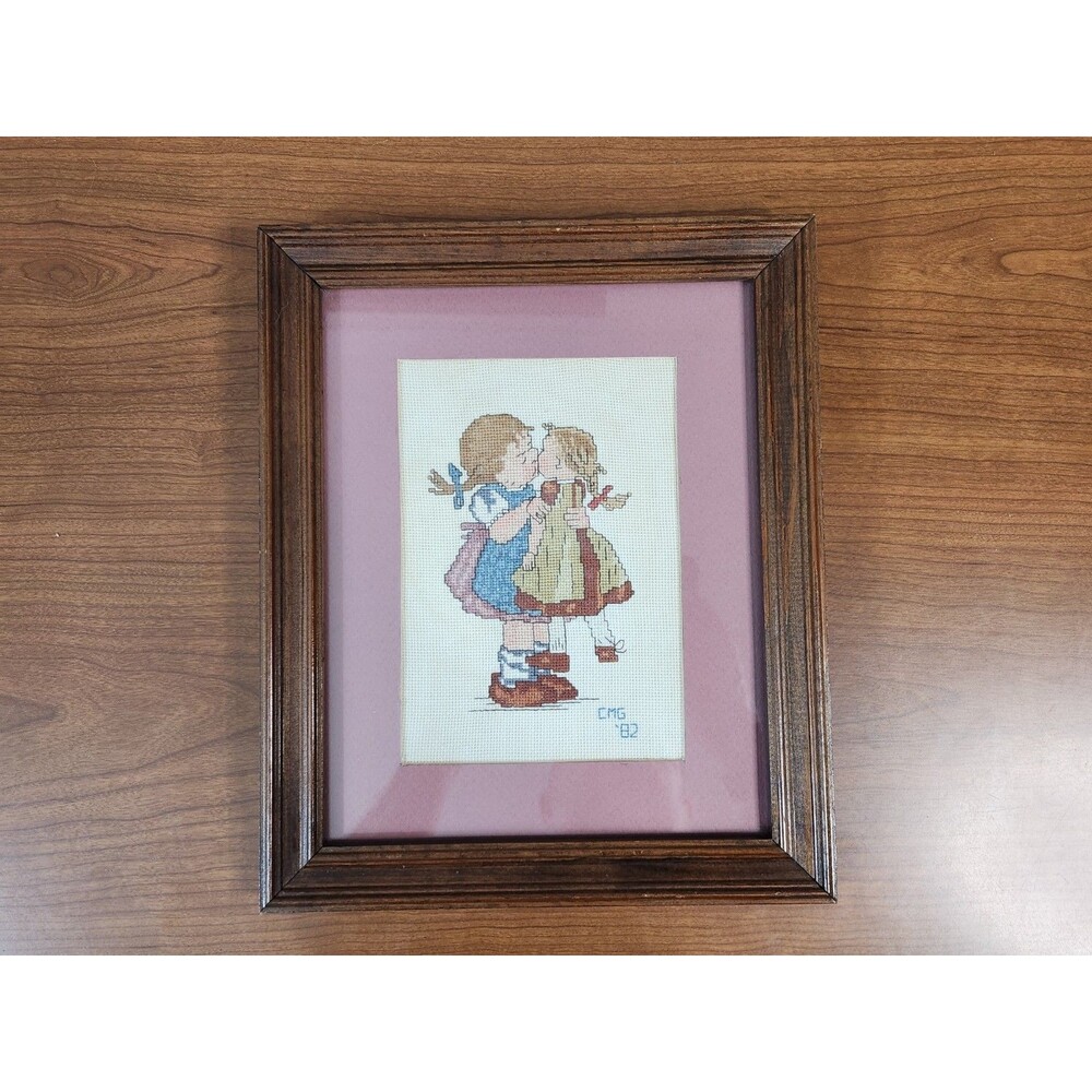 Vintage 1982 Hummel Girl Kissing Doll Cross Stitch Square Matted Frame 11.5X9.5